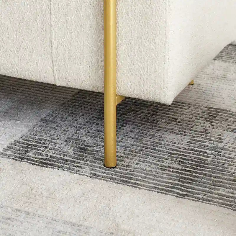Banc de rangement en lin tapissé blanc/beige, accoudoirs cylindriques, pieds en métal doré, 1-2 personnes