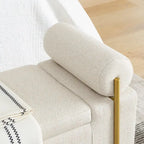Banc de rangement en lin tapissé blanc/beige, accoudoirs cylindriques, pieds en métal doré, 1-2 personnes