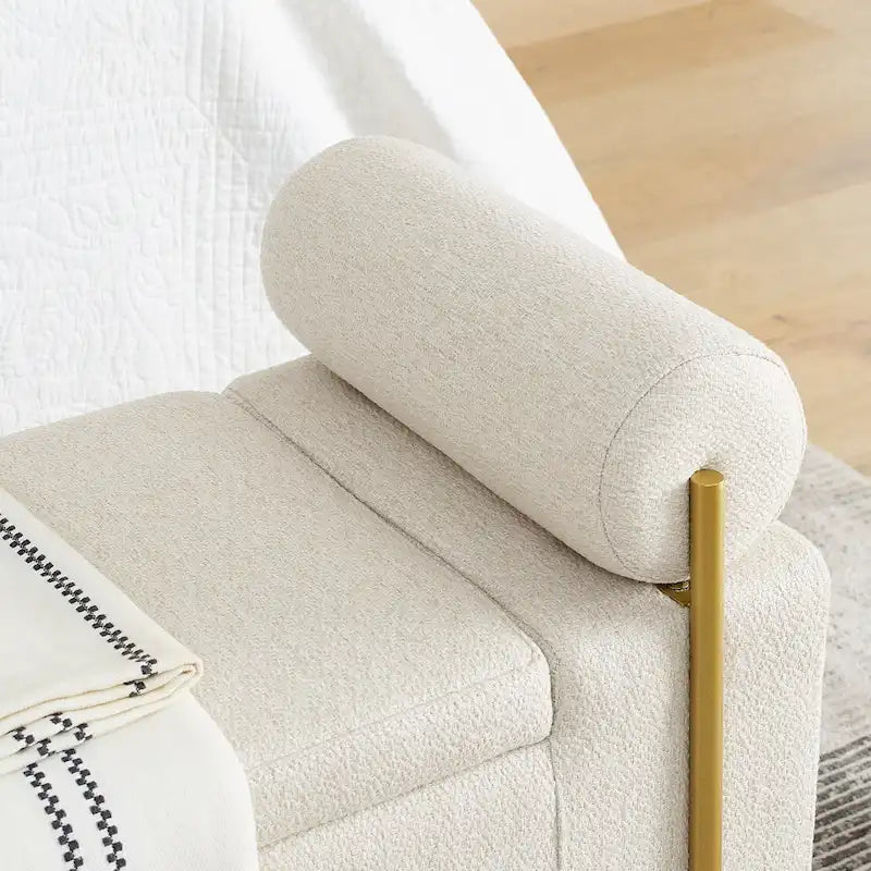 Banc de rangement en lin tapissé blanc/beige, accoudoirs cylindriques, pieds en métal doré, 1-2 personnes