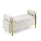 Banc de rangement en lin tapissé blanc/beige, accoudoirs cylindriques, pieds en métal doré, 1-2 personnes