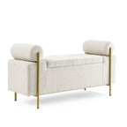 Banc de rangement en lin tapissé blanc/beige, accoudoirs cylindriques, pieds en métal doré, 1-2 personnes