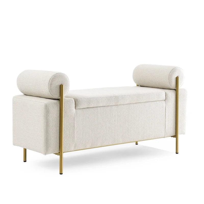 Banc de rangement en lin tapissé blanc/beige, accoudoirs cylindriques, pieds en métal doré, 1-2 personnes