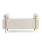 Banc de rangement en lin tapissé blanc/beige, accoudoirs cylindriques, pieds en métal doré, 1-2 personnes
