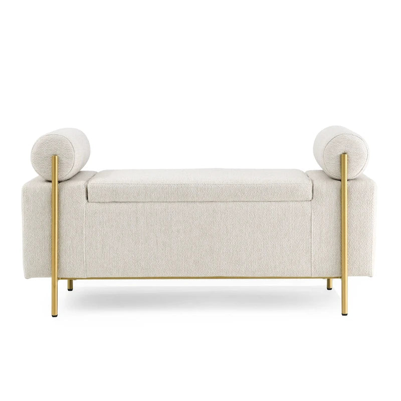 Banc de rangement en lin tapissé blanc/beige, accoudoirs cylindriques, pieds en métal doré, 1-2 personnes