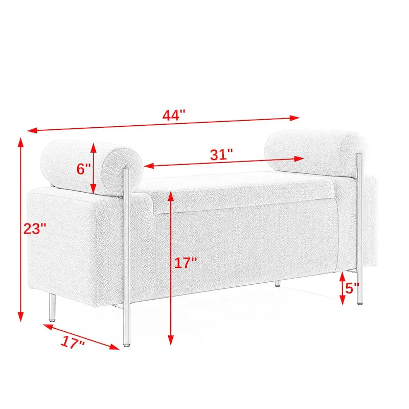 Banc de rangement en lin tapissé blanc/beige, accoudoirs cylindriques, pieds en métal doré, 1-2 personnes