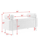 Banc de rangement en lin tapissé blanc/beige, accoudoirs cylindriques, pieds en métal doré, 1-2 personnes