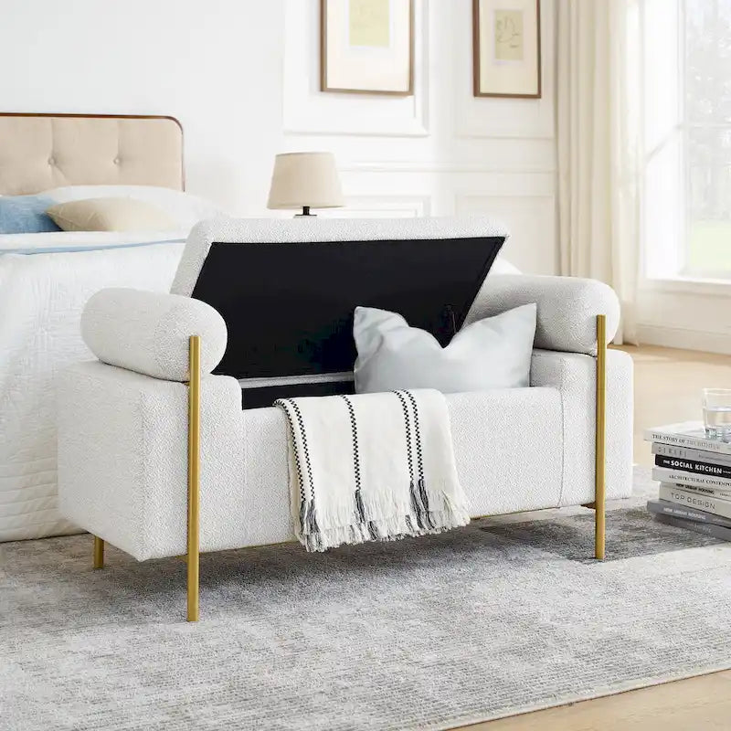 Banc de rangement en lin tapissé blanc/beige, accoudoirs cylindriques, pieds en métal doré, 1-2 personnes
