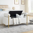 Banc de rangement en lin tapissé blanc/beige, accoudoirs cylindriques, pieds en métal doré, 1-2 personnes