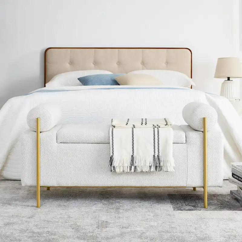 Banc de rangement en lin tapissé blanc/beige, accoudoirs cylindriques, pieds en métal doré, 1-2 personnes
