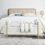 Banc de rangement en lin tapissé blanc/beige, accoudoirs cylindriques, pieds en métal doré, 1-2 personnes