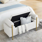 Banc de rangement en lin tapissé blanc/beige, accoudoirs cylindriques, pieds en métal doré, 1-2 personnes
