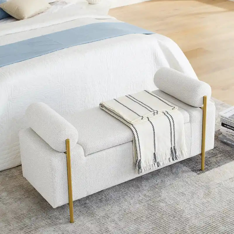 Banc de rangement en lin tapissé blanc/beige, accoudoirs cylindriques, pieds en métal doré, 1-2 personnes