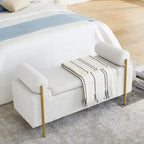 Banc de rangement en lin tapissé blanc/beige, accoudoirs cylindriques, pieds en métal doré, 1-2 personnes
