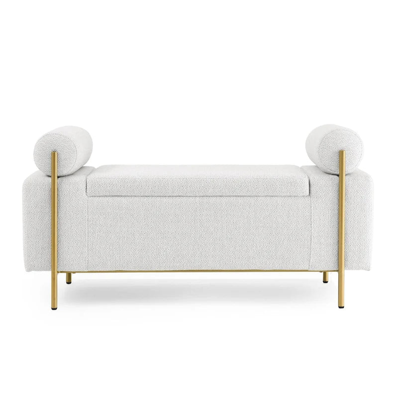 Banc de rangement en lin tapissé blanc/beige, accoudoirs cylindriques, pieds en métal doré, 1-2 personnes