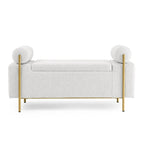 Banc de rangement en lin tapissé blanc/beige, accoudoirs cylindriques, pieds en métal doré, 1-2 personnes