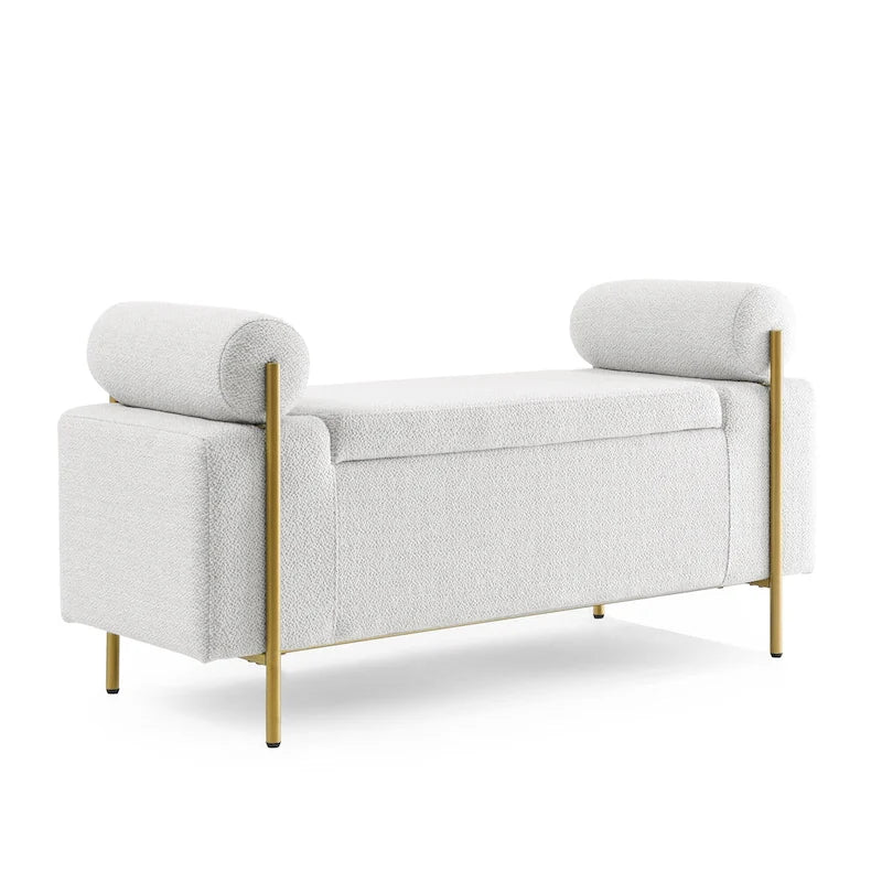 Banc de rangement en lin tapissé blanc/beige, accoudoirs cylindriques, pieds en métal doré, 1-2 personnes