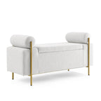 Banc de rangement en lin tapissé blanc/beige, accoudoirs cylindriques, pieds en métal doré, 1-2 personnes