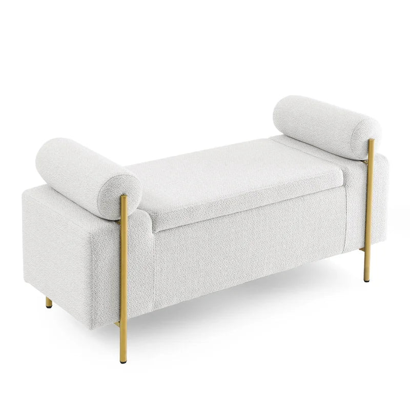 Banc de rangement en lin tapissé blanc/beige, accoudoirs cylindriques, pieds en métal doré, 1-2 personnes