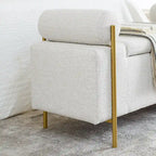 Banc de rangement en lin tapissé blanc/beige, accoudoirs cylindriques, pieds en métal doré, 1-2 personnes