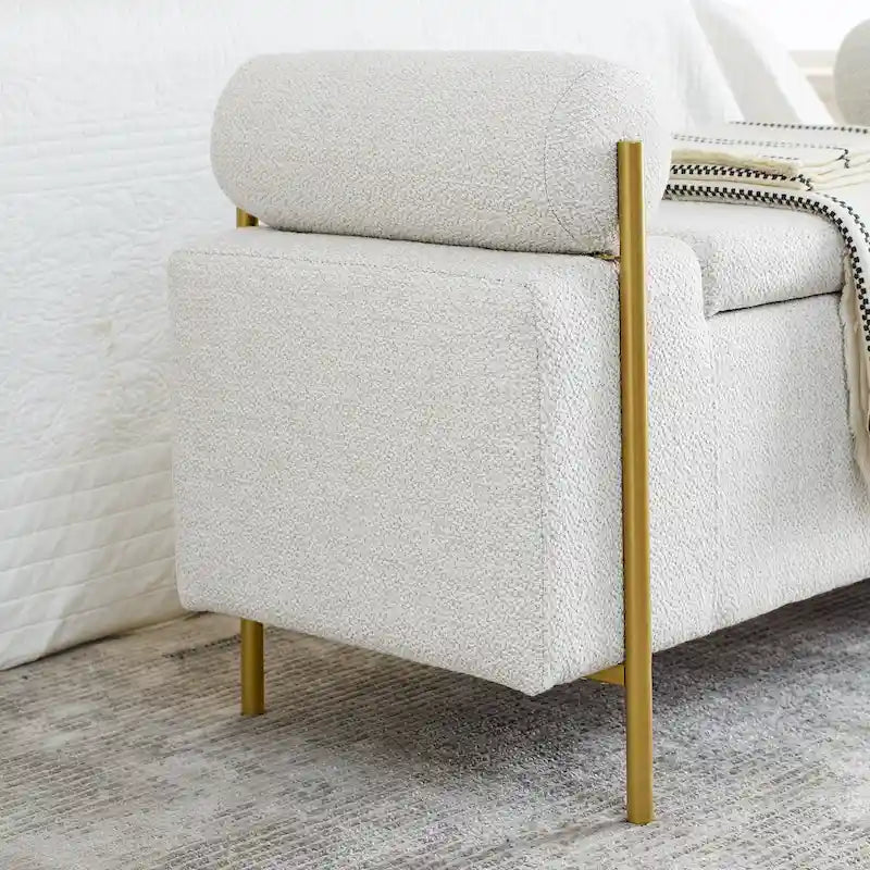 Banc de rangement en lin tapissé blanc/beige, accoudoirs cylindriques, pieds en métal doré, 1-2 personnes