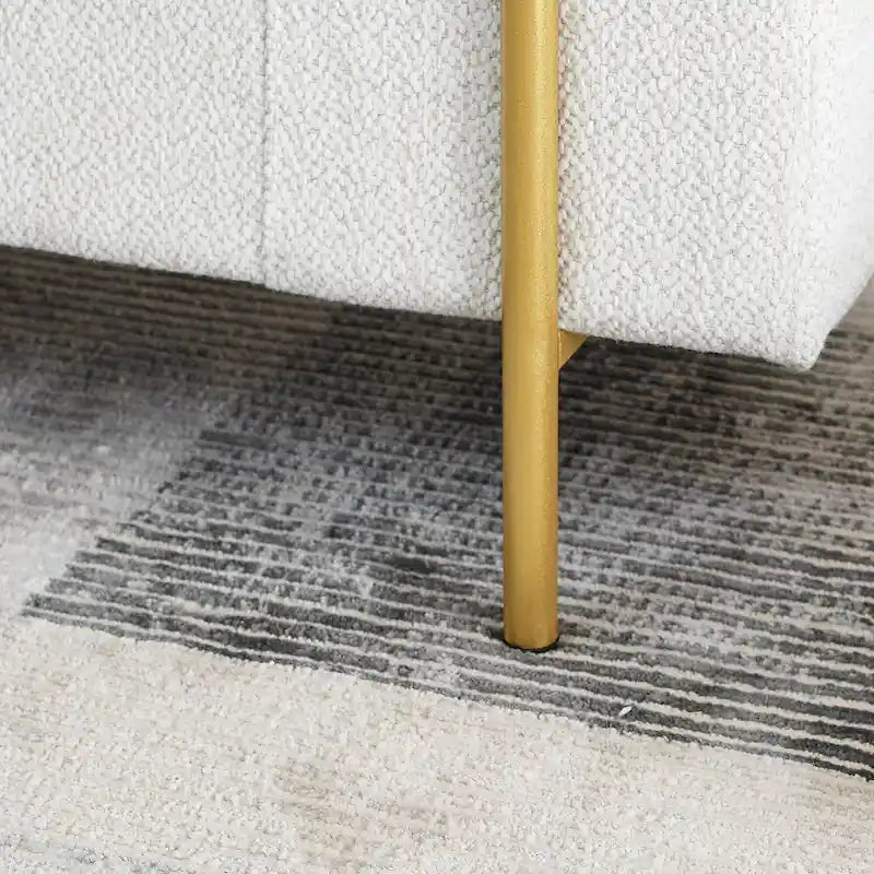 Banc de rangement en lin tapissé blanc/beige, accoudoirs cylindriques, pieds en métal doré, 1-2 personnes
