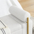 Banc de rangement en lin tapissé blanc/beige, accoudoirs cylindriques, pieds en métal doré, 1-2 personnes