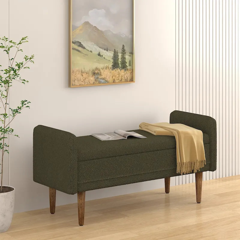 Banc de rangement en lin beige/vert/noir, 2 places, avec rangement dissimulé