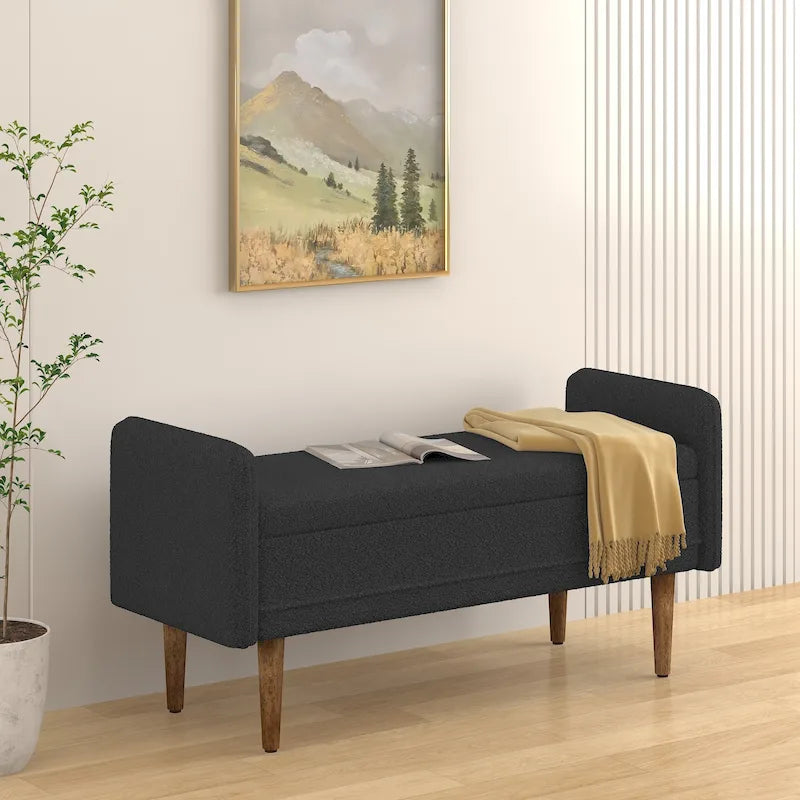 Banc de rangement en lin beige/vert/noir, 2 places, avec rangement dissimulé