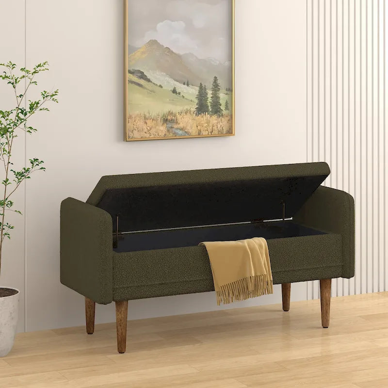 Banc de rangement en lin beige/vert/noir, 2 places, avec rangement dissimulé