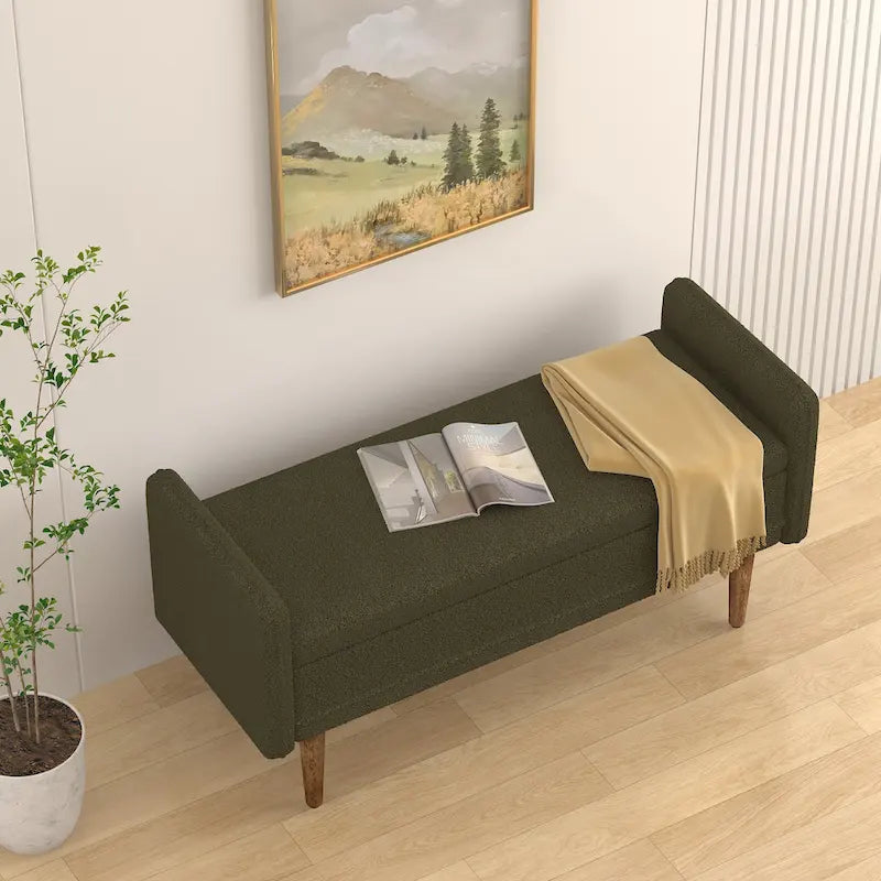 Banc de rangement en lin beige/vert/noir, 2 places, avec rangement dissimulé
