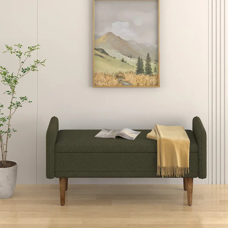 Banc de rangement en lin beige/vert/noir, 2 places, avec rangement dissimulé