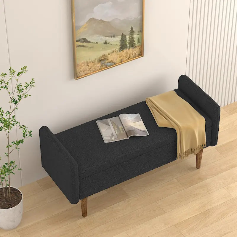 Banc de rangement en lin beige/vert/noir, 2 places, avec rangement dissimulé