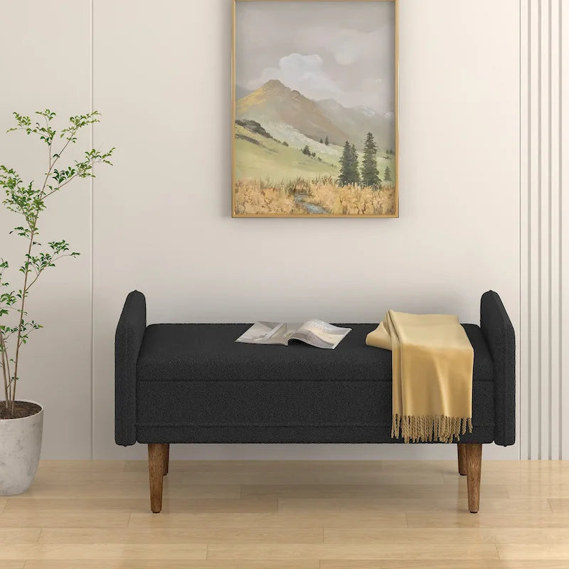 Banc de rangement en lin beige/vert/noir, 2 places, avec rangement dissimulé