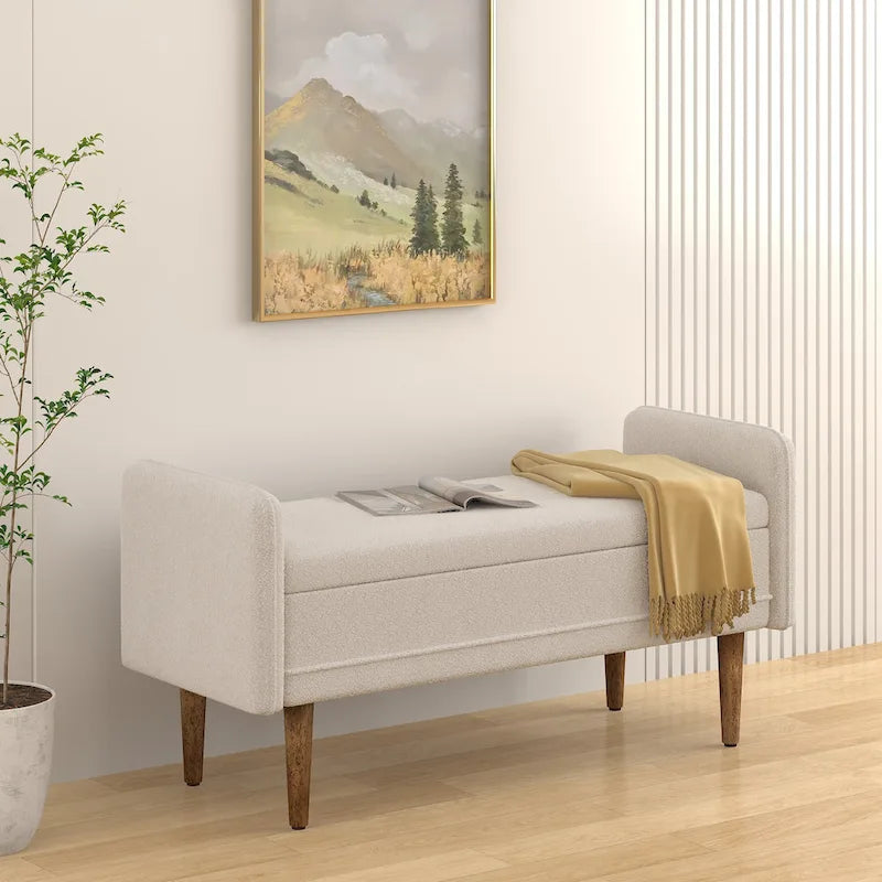 Banc de rangement en lin beige/vert/noir, 2 places, avec rangement dissimulé