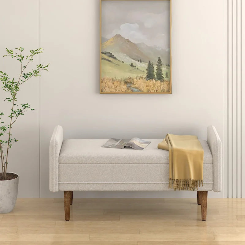 Banc de rangement en lin beige/vert/noir, 2 places, avec rangement dissimulé