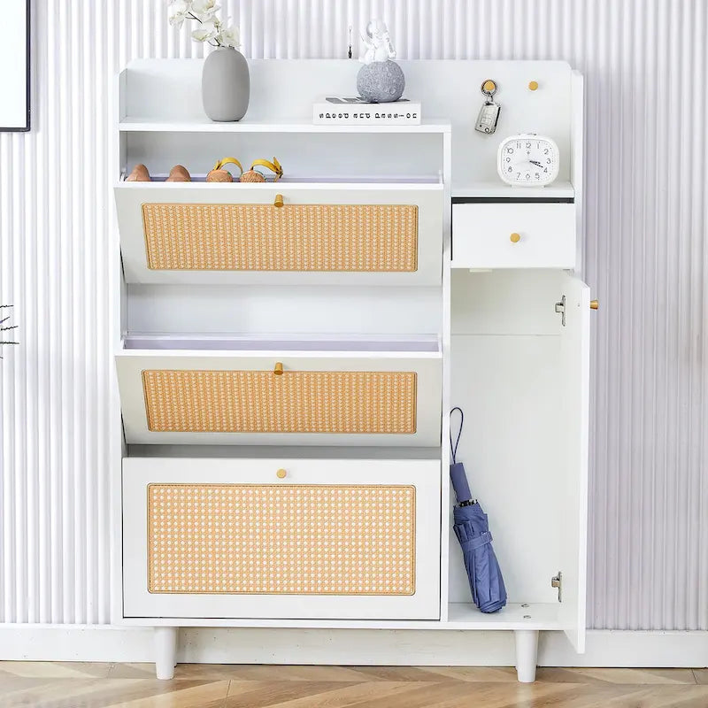 Meuble à chaussures avec banc, porte en rotin blanc