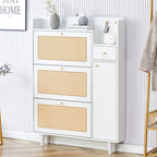 Meuble à chaussures avec banc, porte en rotin blanc