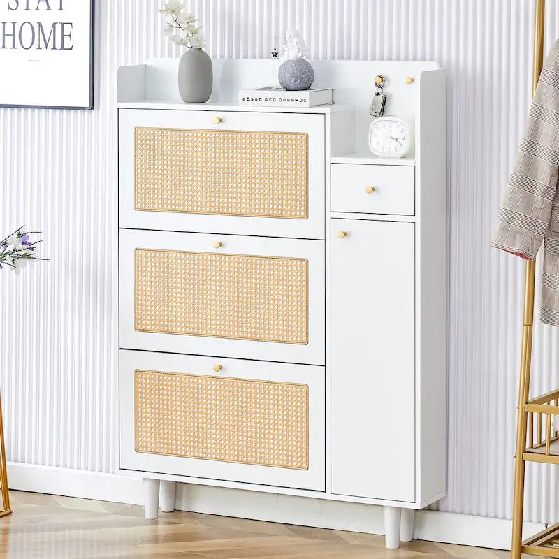 Meuble à chaussures avec banc, porte en rotin blanc