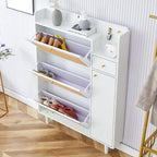 Meuble à chaussures avec banc, porte en rotin blanc