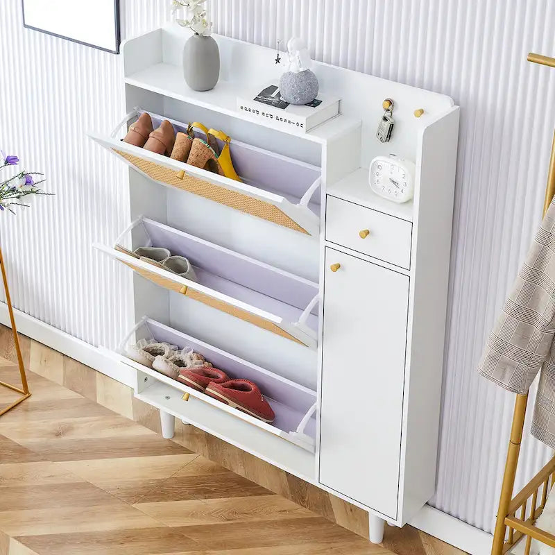 Meuble à chaussures avec banc, porte en rotin blanc