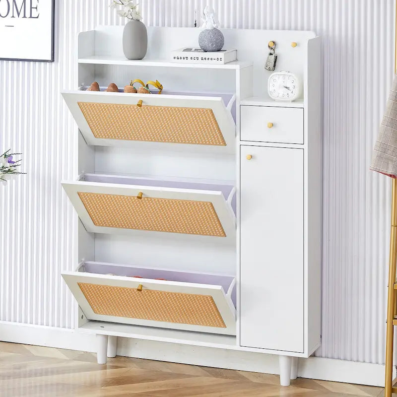 Meuble à chaussures avec banc, porte en rotin blanc