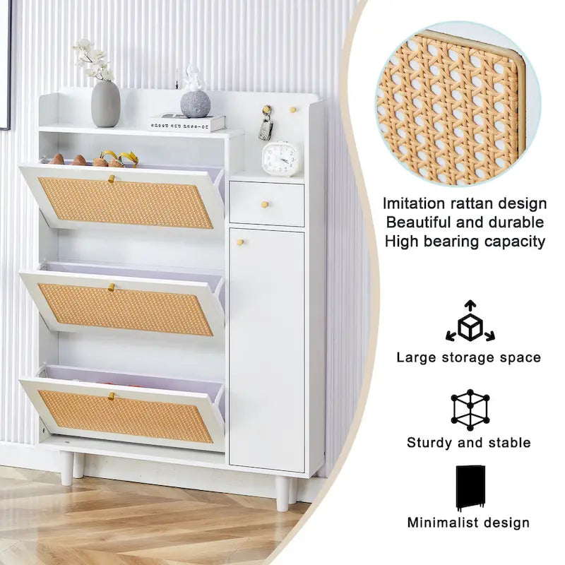 Meuble à chaussures avec banc, porte en rotin blanc
