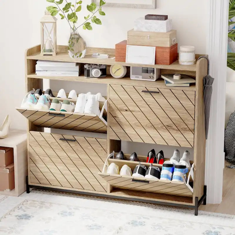 Meuble à chaussures avec portes basculantes naturel/blanc – Organisateur autoportant à 4 portes pour 1 entrée