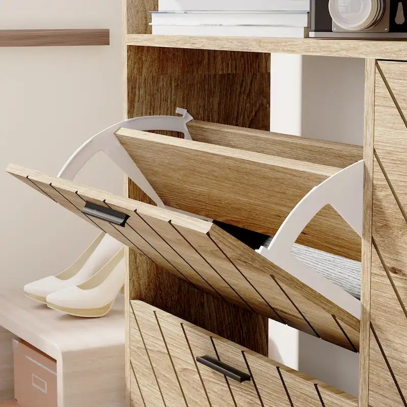 Meuble à chaussures avec portes basculantes naturel/blanc – Organisateur autoportant à 4 portes pour 1 entrée