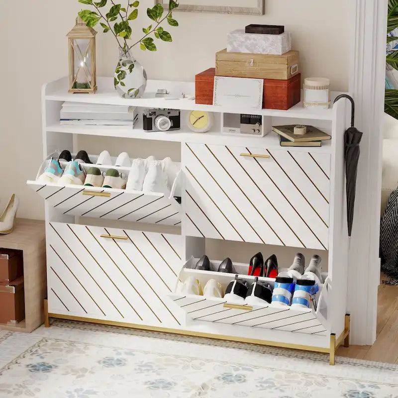 Meuble à chaussures avec portes basculantes naturel/blanc – Organisateur autoportant à 4 portes pour 1 entrée