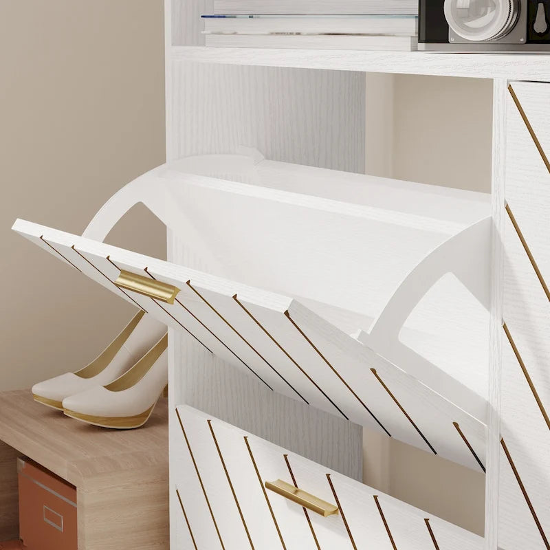 Meuble à chaussures avec portes basculantes naturel/blanc – Organisateur autoportant à 4 portes pour 1 entrée