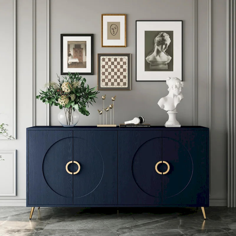 Buffet 4 portes bleu marine – MDF avec placage bois, 1 place, pieds en métal