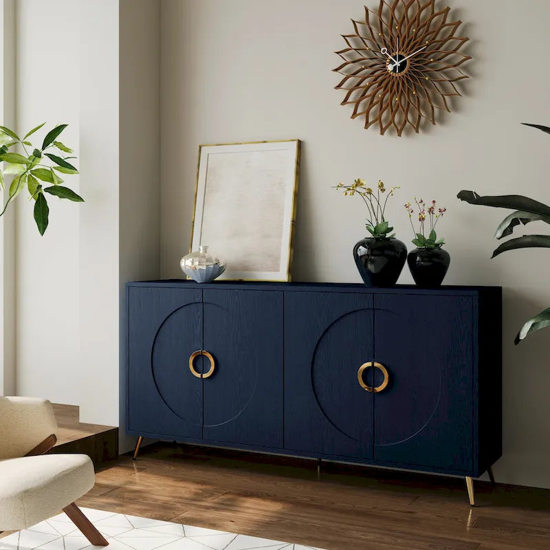 Buffet 4 portes bleu marine – MDF avec placage bois, 1 place, pieds en métal