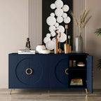 Buffet 4 portes bleu marine – MDF avec placage bois, 1 place, pieds en métal