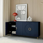 Buffet 4 portes bleu marine – MDF avec placage bois, 1 place, pieds en métal